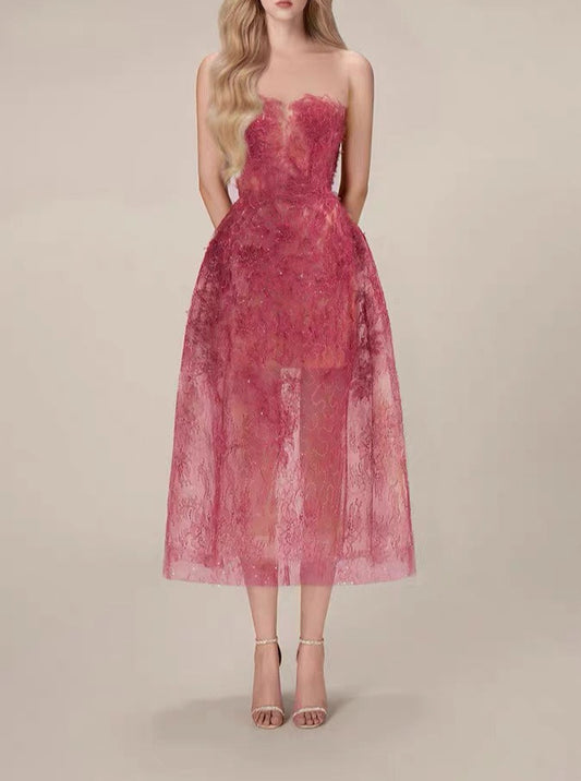 strapless lace midi dress with sheer overlay – ODD- Riklu