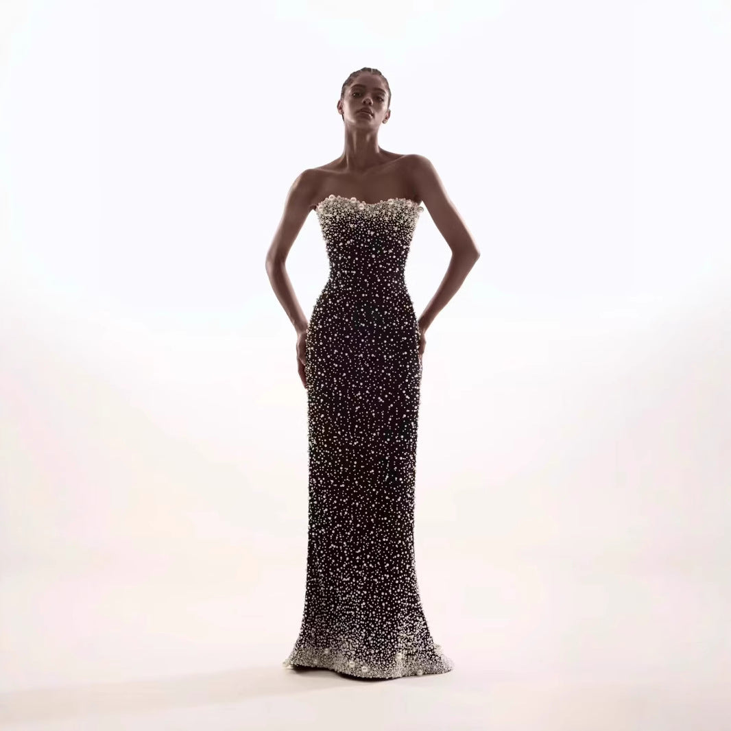 strapless column gown with pearl and crystal embellishments – ODD- AUROQSU