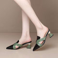 pointed leather mules with green cross straps and flared heels – ODD- VERONA