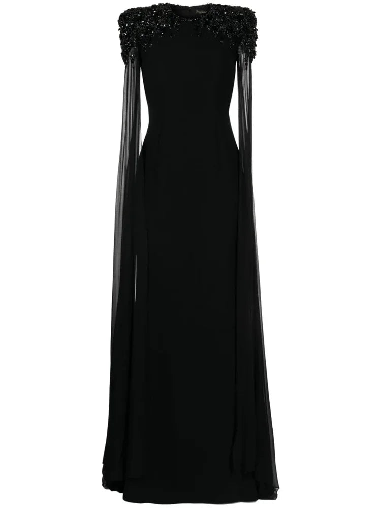 Beaded shoulders black dress with cape sleeves -ODD-Zoella