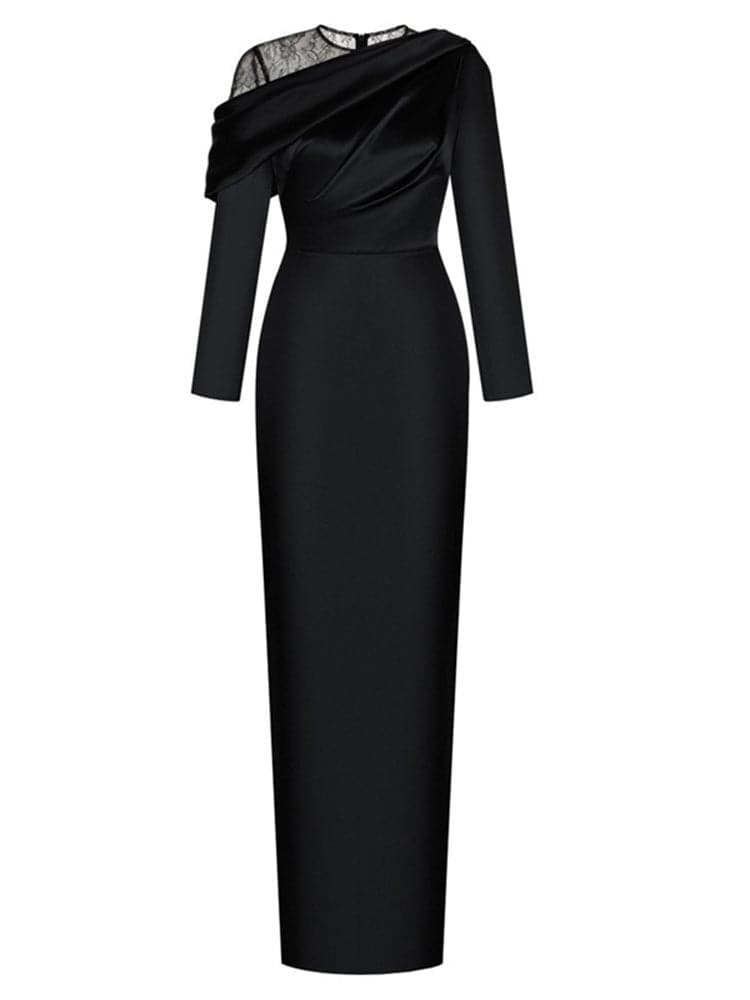 off-shoulder satin gown with lace neckline – ODD- Aaeehu