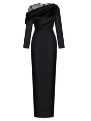 off-shoulder satin gown with lace neckline – ODD- Aaeehu