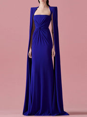 square-neck gown with ruched waist and floor-length cape – ODD- Thuraya