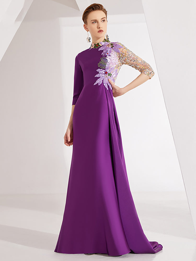 embroidered evening gown with sequin illusion sleeve –  ODD- Thumri