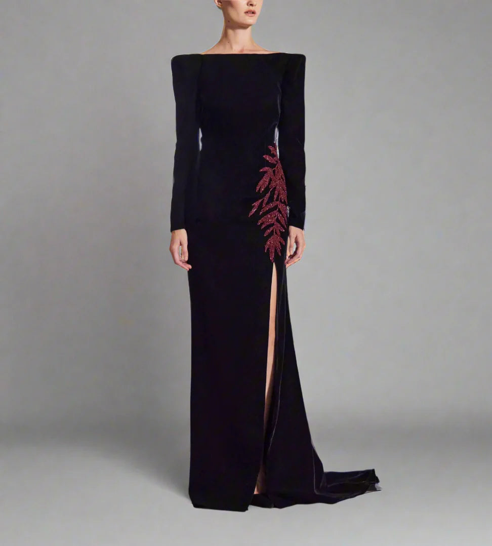 embellished slit velvet gown – ODD- Nolah