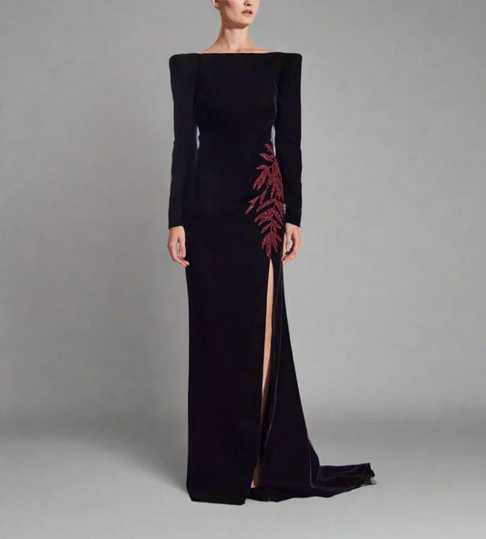 embellished slit velvet gown – ODD- Nolah