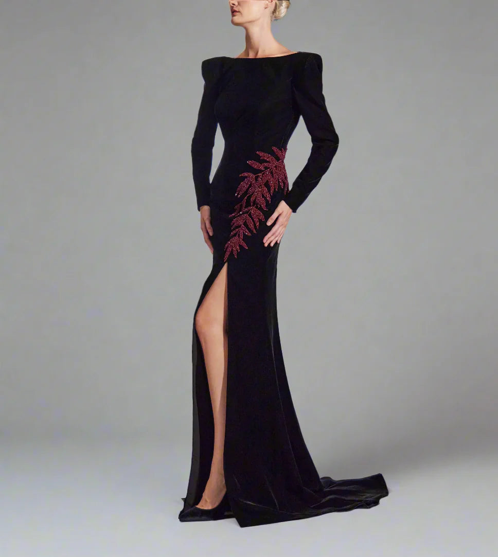 embellished slit velvet gown – ODD- Nolah