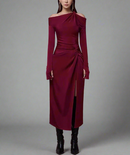 asymmetric off-shoulder draped midi dress – ODD- Degah