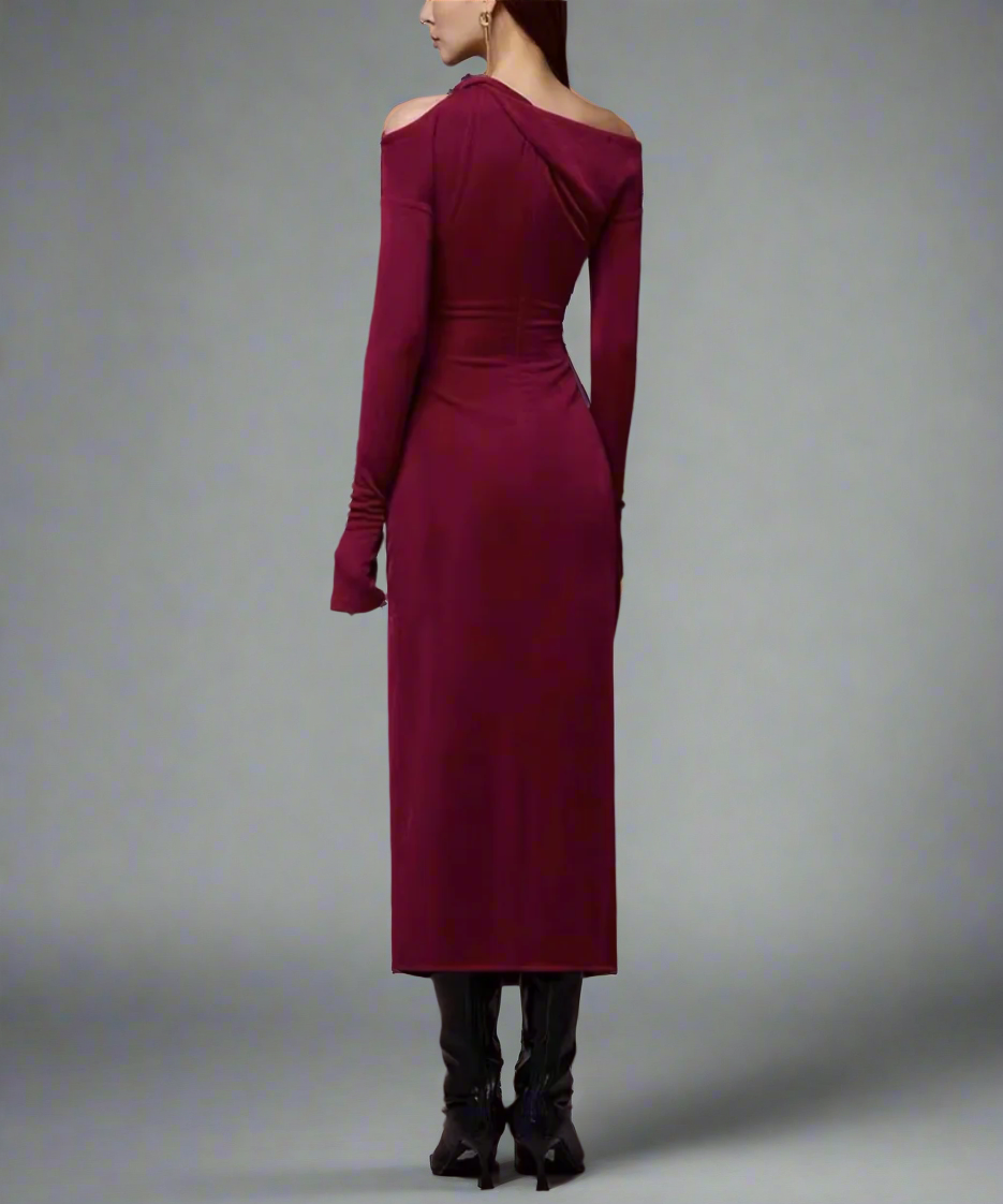 asymmetric off-shoulder draped midi dress – ODD- Degah