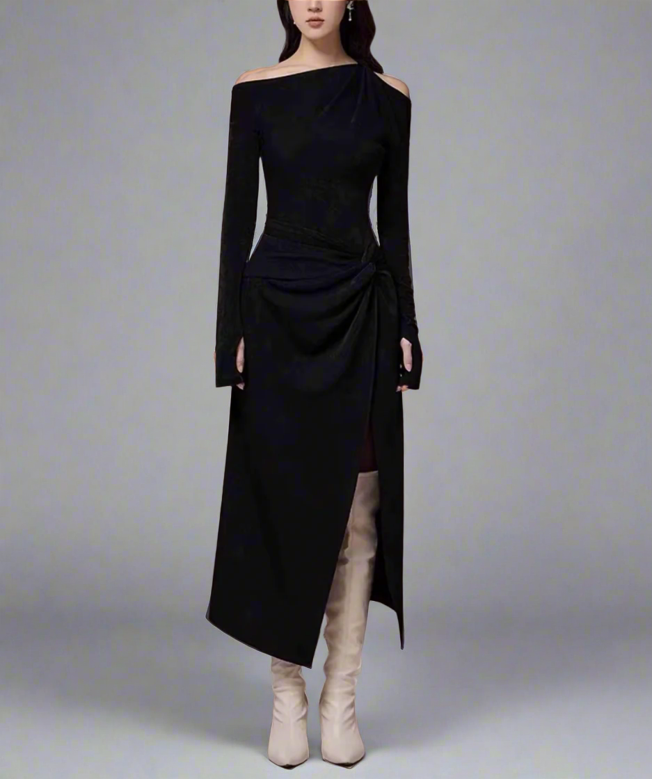 asymmetric off-shoulder draped midi dress – ODD- Degah