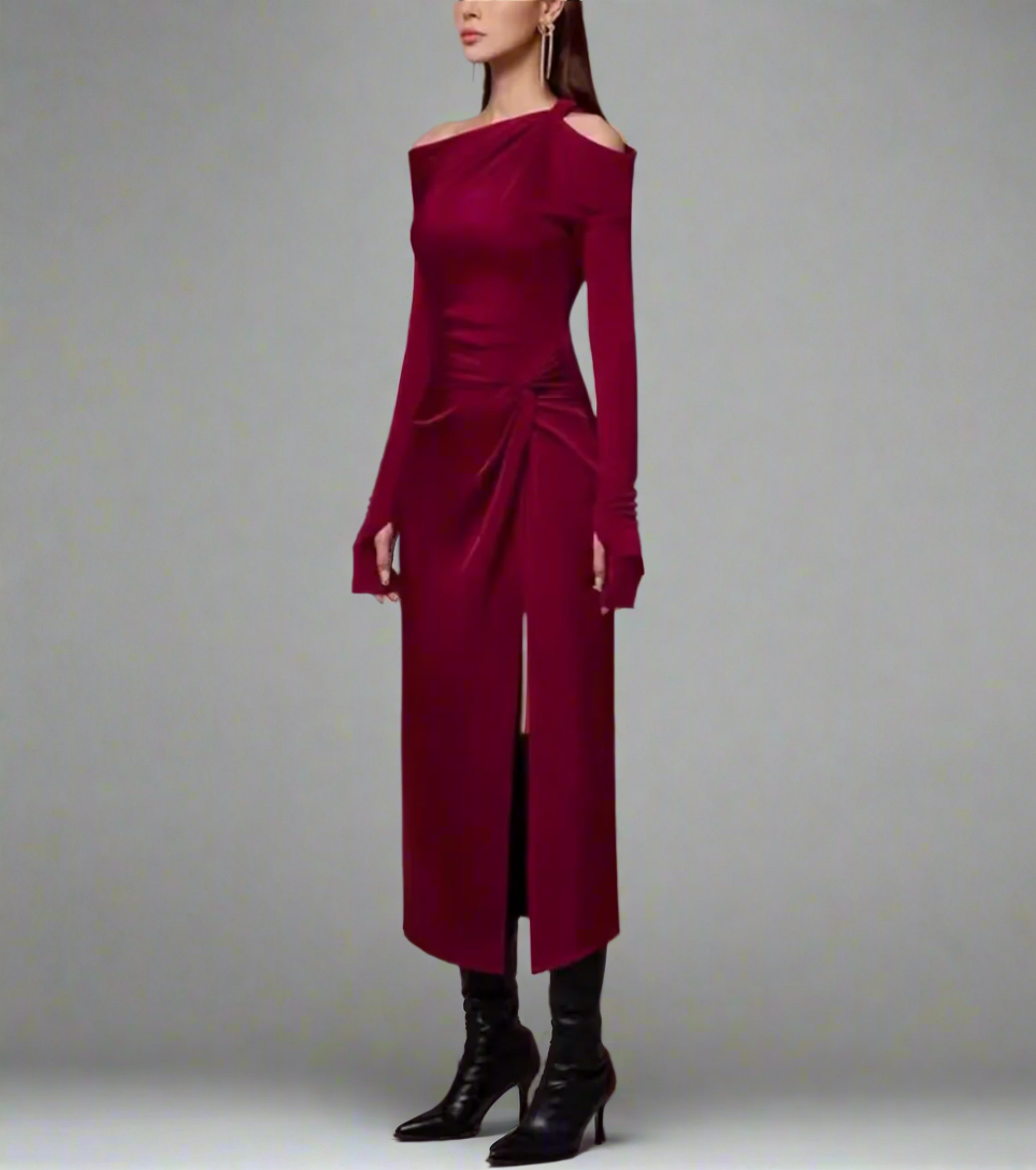 asymmetric off-shoulder draped midi dress – ODD- Degah