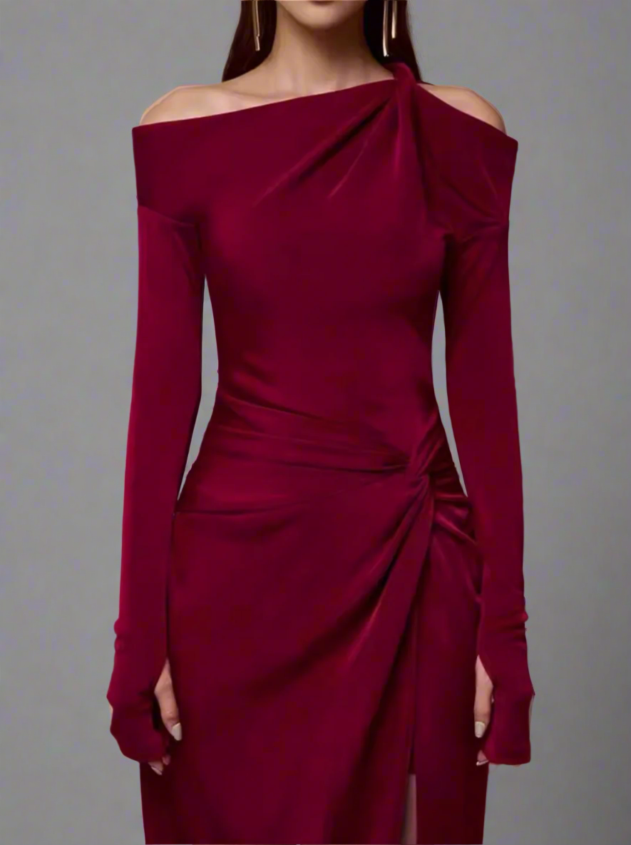 asymmetric off-shoulder draped midi dress – ODD- Degah