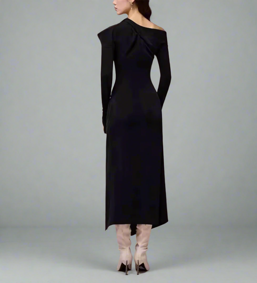 asymmetric off-shoulder draped midi dress – ODD- Degah