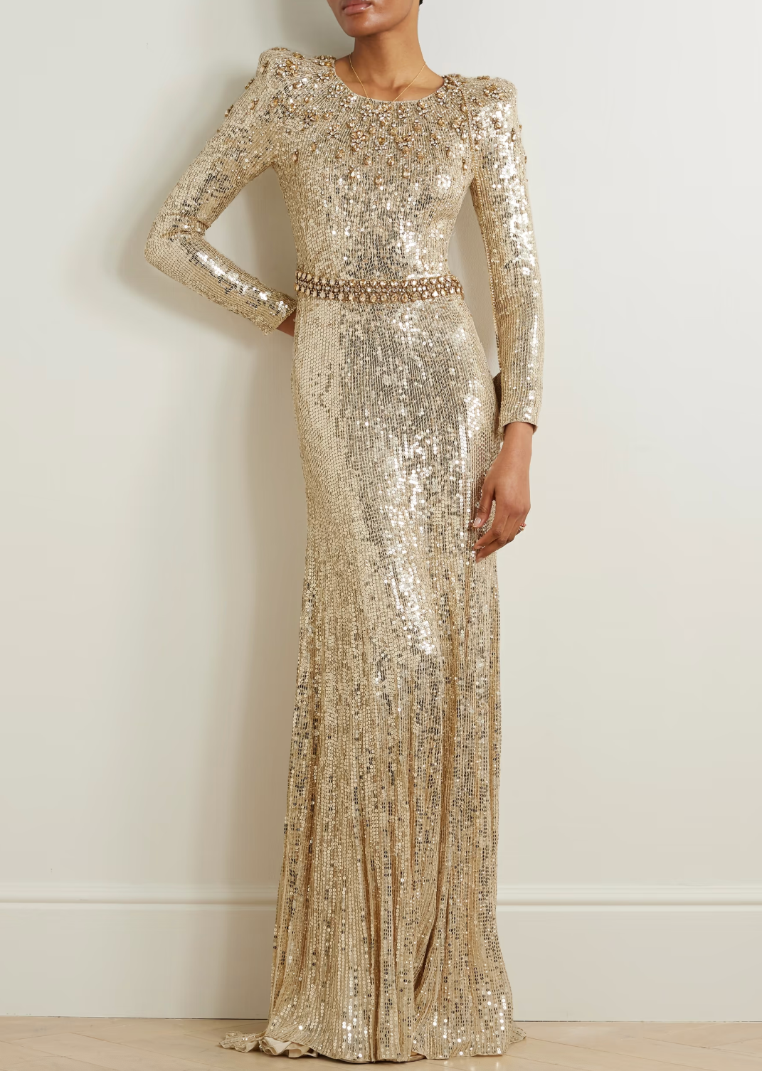 Long sleeve column dress with sequined embellishments - ODD- Jinwy