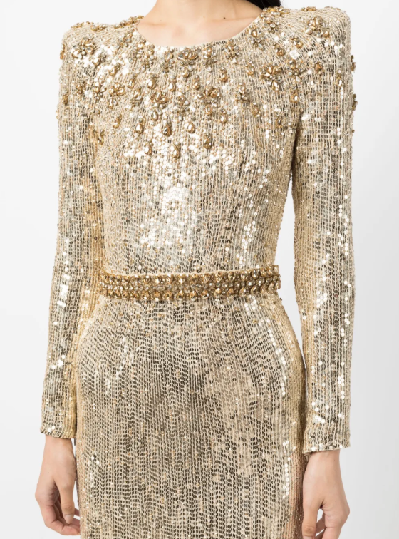 Long sleeve column dress with sequined embellishments - ODD- Jinwy