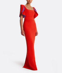 structured column gown with layered sculpted sleeves – ODD- FLAME