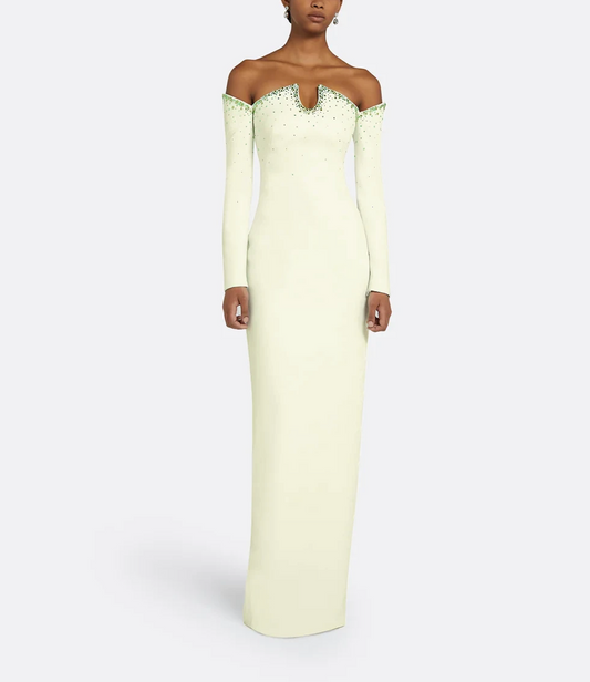 off-shoulder column gown with crystal-trimmed neckline – ODD- EMEDA