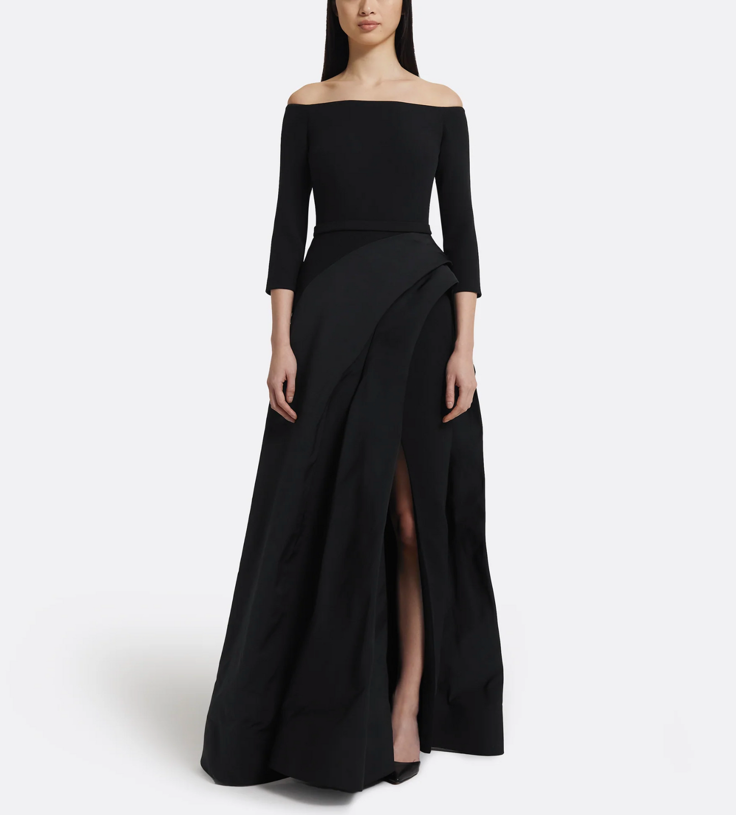 off-shoulder gown with draped slit skirt – ODD- NOLEIN