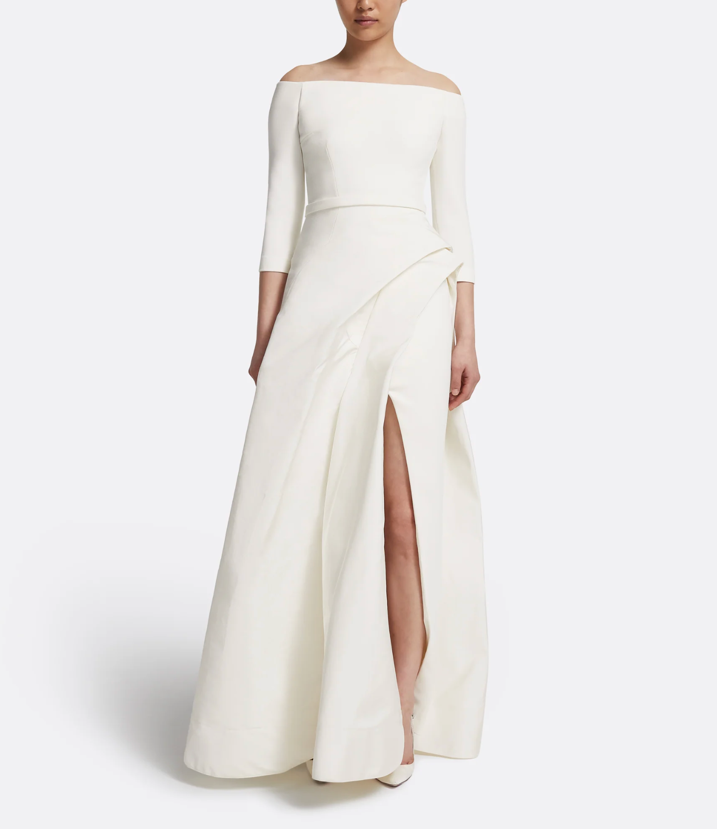 off-shoulder gown with draped slit skirt – ODD- ALYAAH