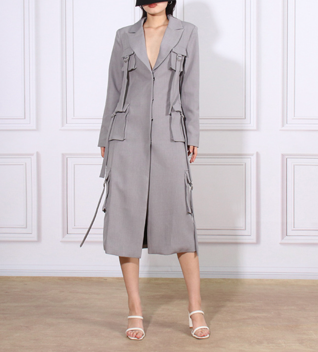 tailored long utility blazer dress with strap details – ODD- GRAYSON