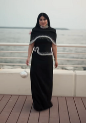 High-Neck Column Dress with Embellished Cape Detail - ODD- ELYSIA