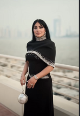 High-Neck Column Dress with Embellished Cape Detail - ODD- ELYSIA