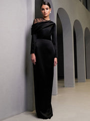 off-shoulder satin gown with lace neckline – ODD- Aaeehu