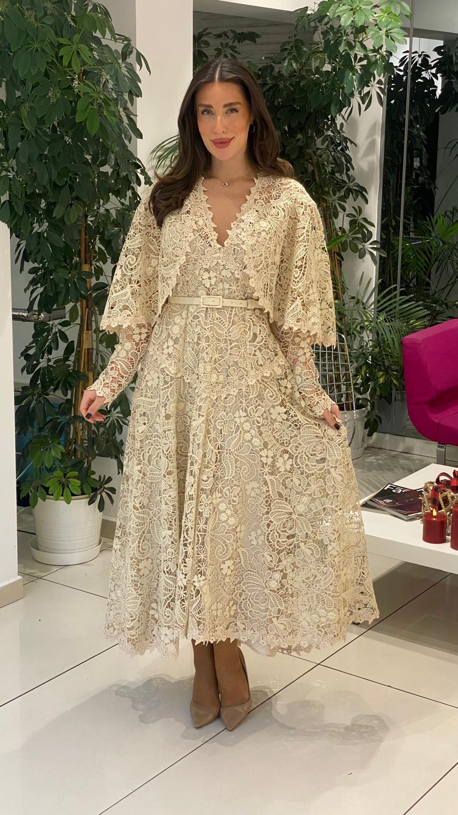 lace midi dress with scalloped cape sleeves – ODD- SERENA