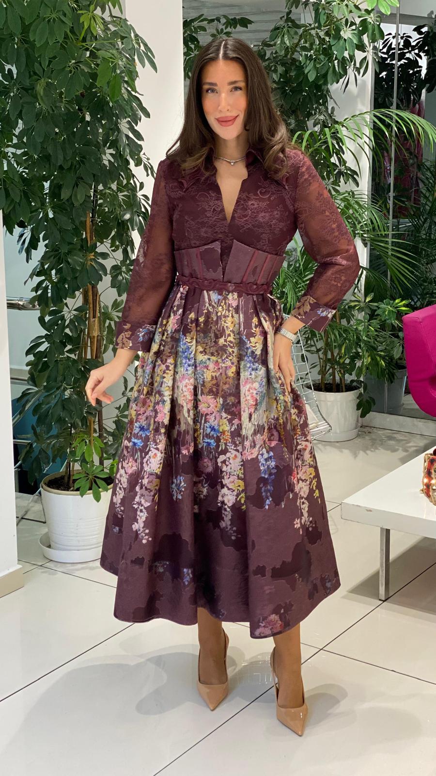 lace bodice midi dress with corset waist and floral skirt – ODD- VELARA