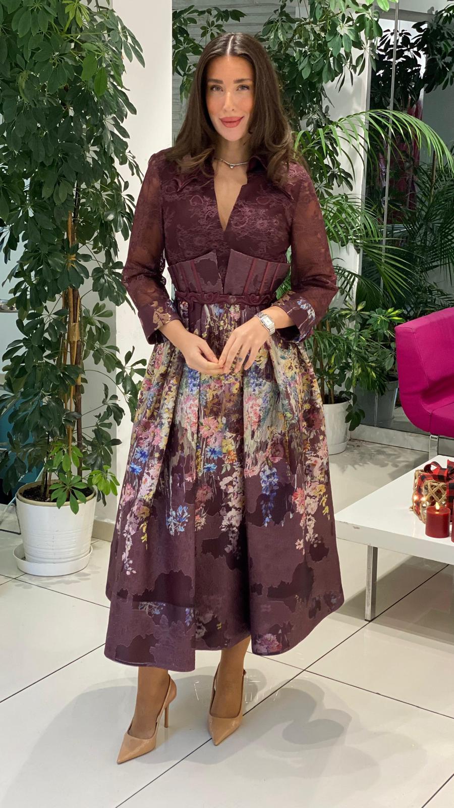 lace bodice midi dress with corset waist and floral skirt – ODD- VELARA