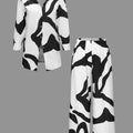 Line Print Button Up Shirt And High Waist Wide Leg Pants Set