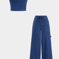 Denim Tube Top And Ruched Tie Front Pocket Wide Leg Jeans Set