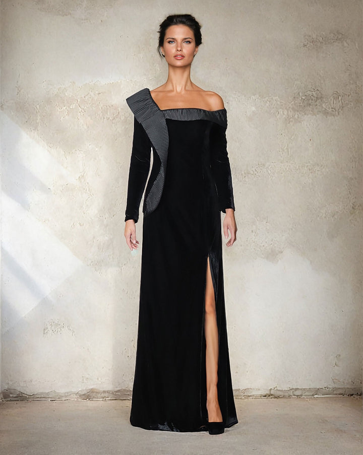 velvet column dress with crumple ruffle and long sleeves - ODD-QOLEN