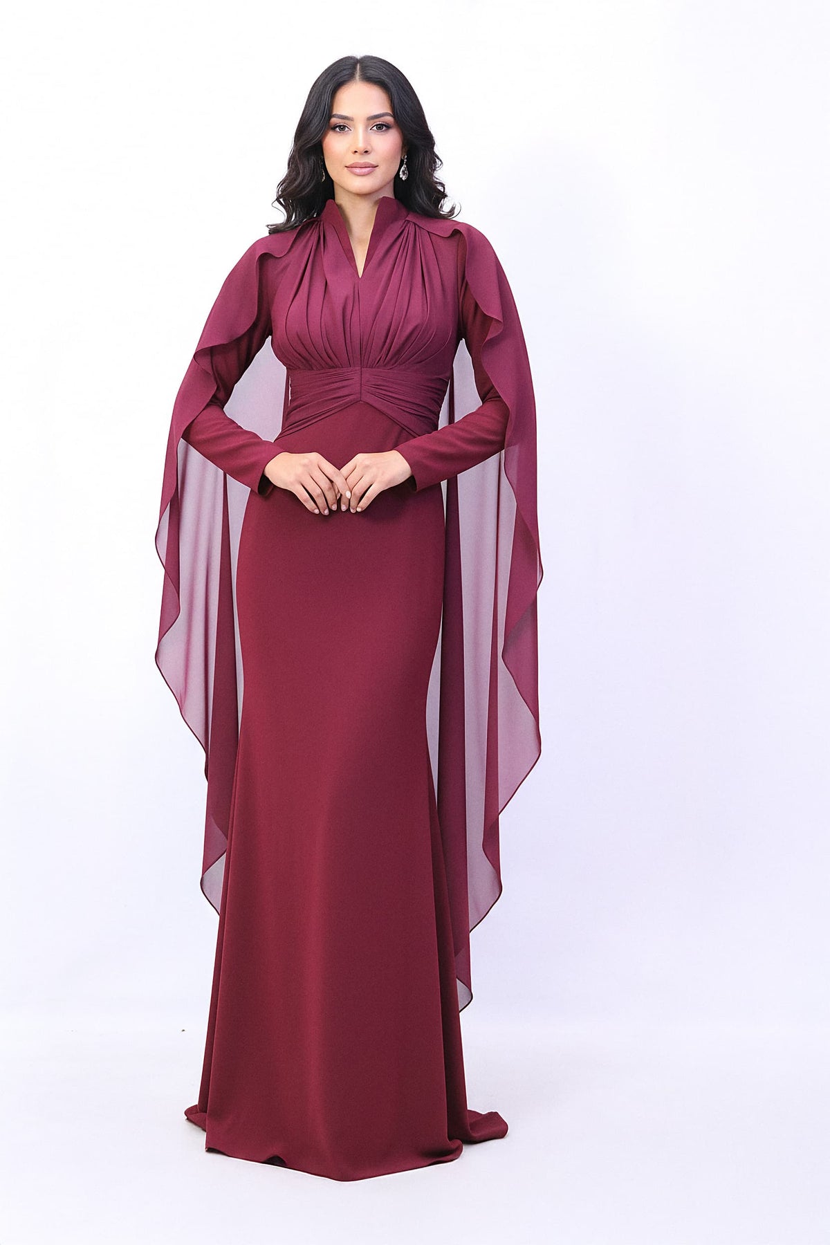 draped high-neck gown with chiffon cape sleeves – ODD- MERLOT