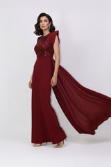 sleeveless gown with sequined bodice and structured cape shoulders – ODD- RELYE