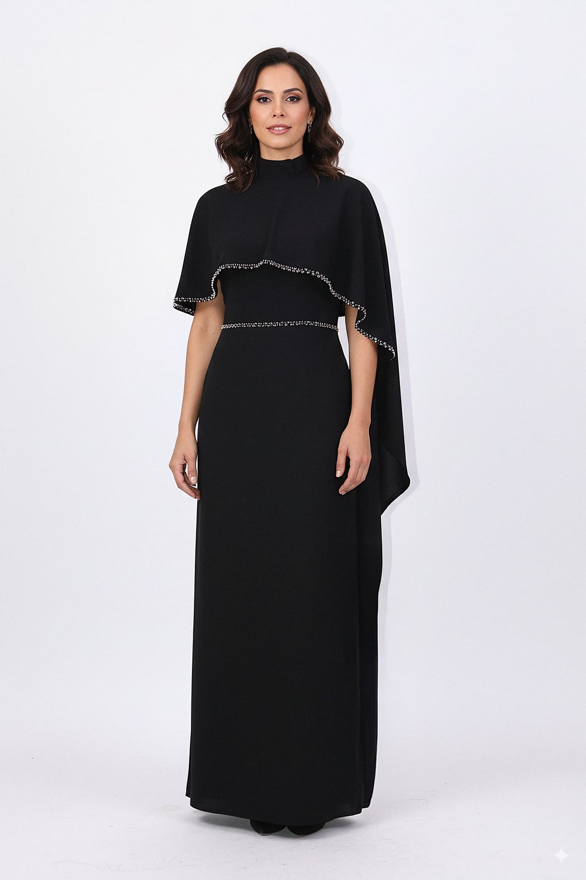 high-neck column gown with embellished cape – ODD- VORIN