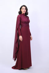 draped high-neck gown with chiffon cape sleeves – ODD- MERLOT