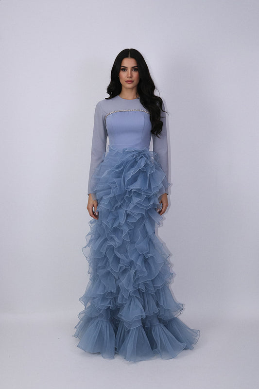 long-sleeve gown with crystal trim and tiered ruffle skirt – ODD- AZEIRA
