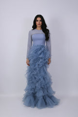 long-sleeve gown with crystal trim and tiered ruffle skirt – ODD- AZEIRA