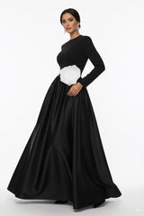long-sleeve satin gown with oversized flower accent – ODD- MIREN