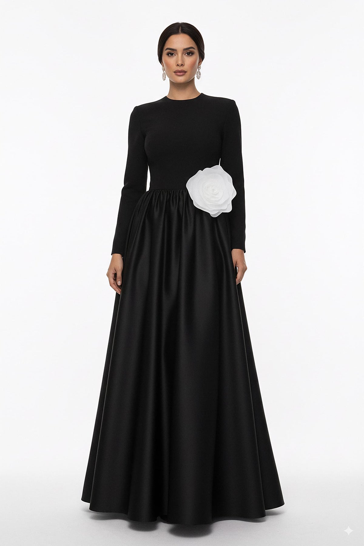 long-sleeve satin gown with oversized flower accent – ODD- MIREN