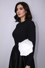 long-sleeve satin gown with oversized flower accent – ODD- MIREN