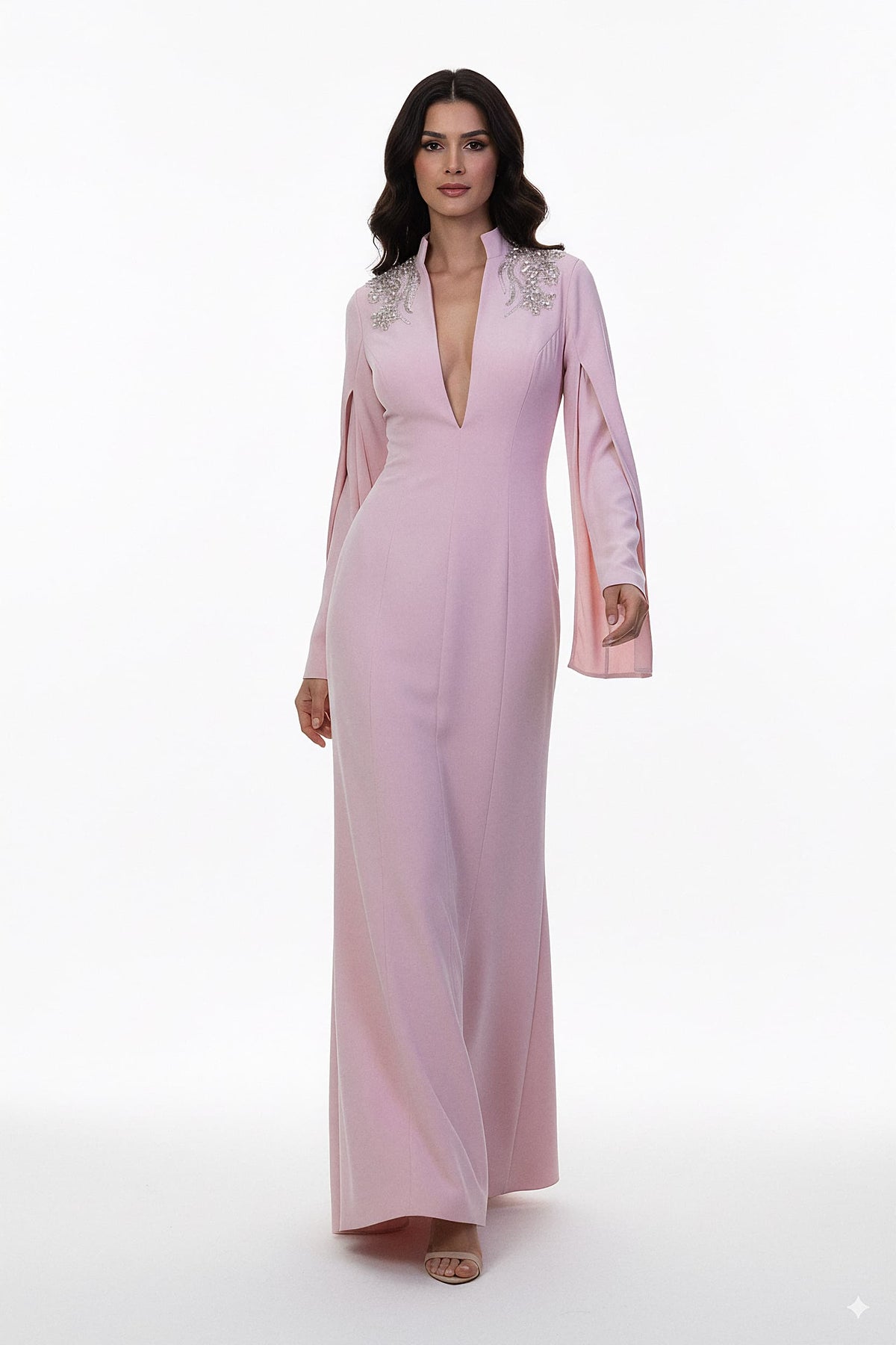plunging neckline gown with embellished shoulders – ODD- ROSABELLE