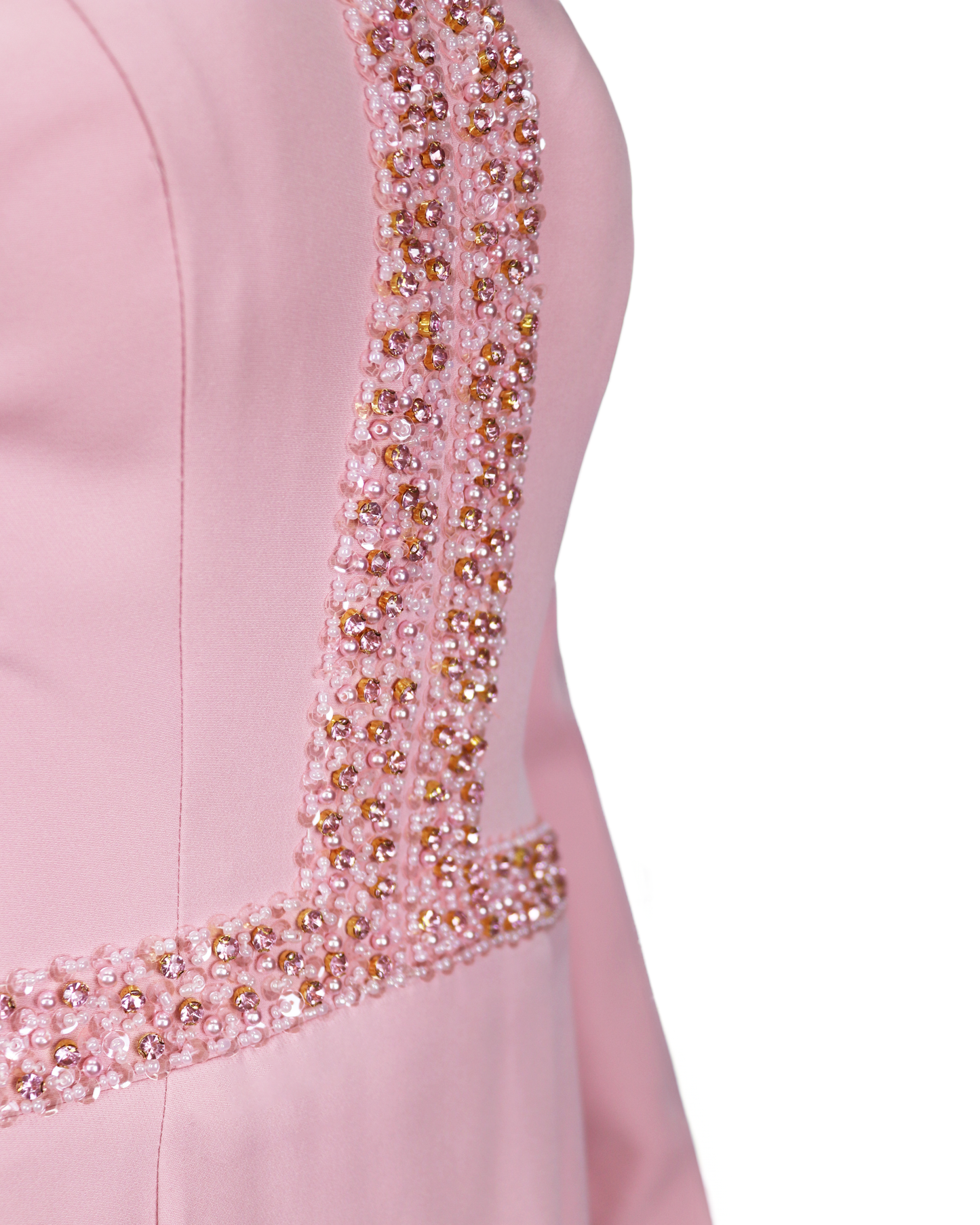 ODD-V Neckline long-sleeved pink dress with sequinned lines